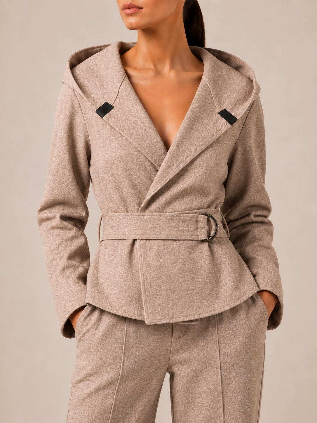 Belted Hooded Wrap Jacket in taupe, front