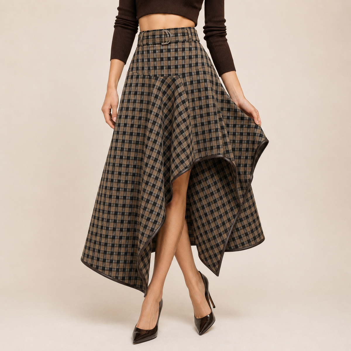 Asymmetric Midi Skirt in brown, front
