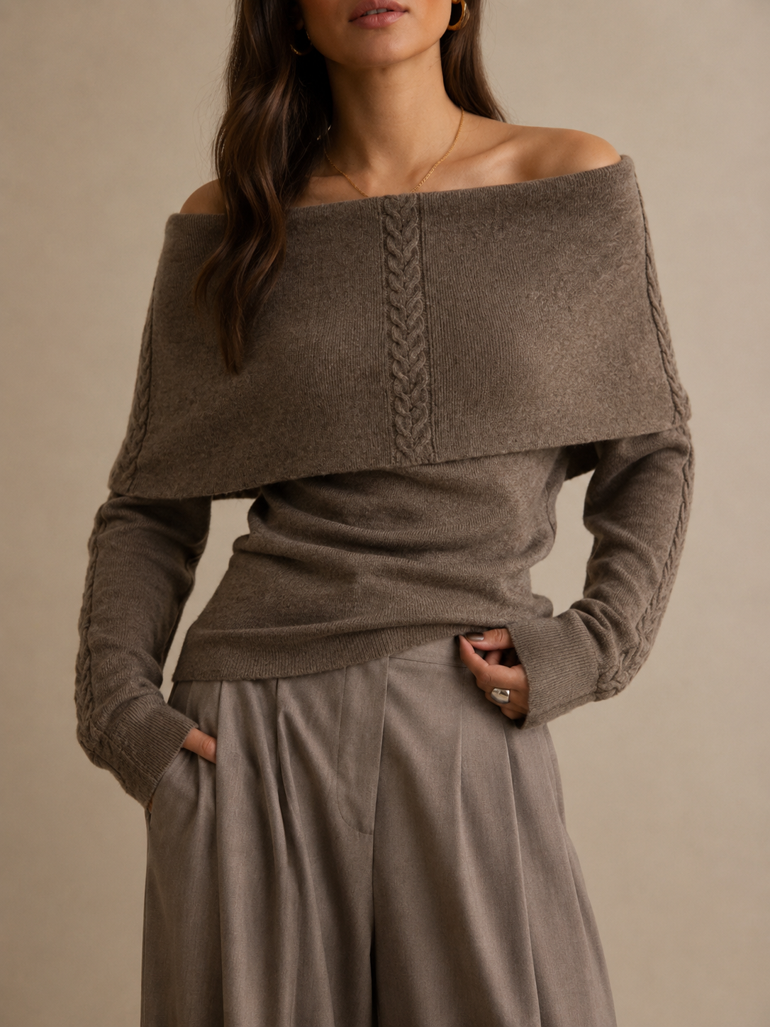 Boat Neck Sweater in taupe, front
