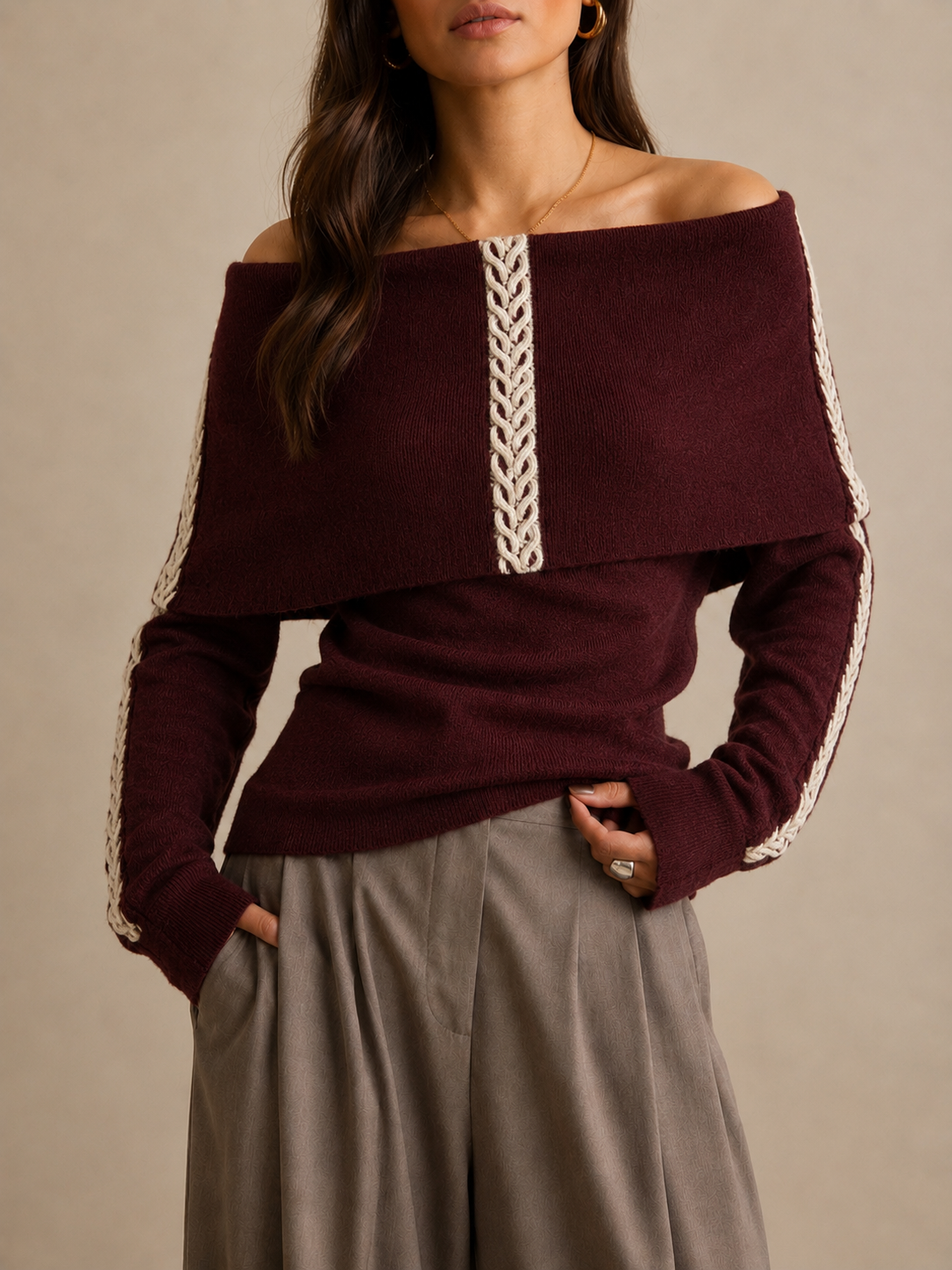 Boat Neck Sweater in burgundy, front