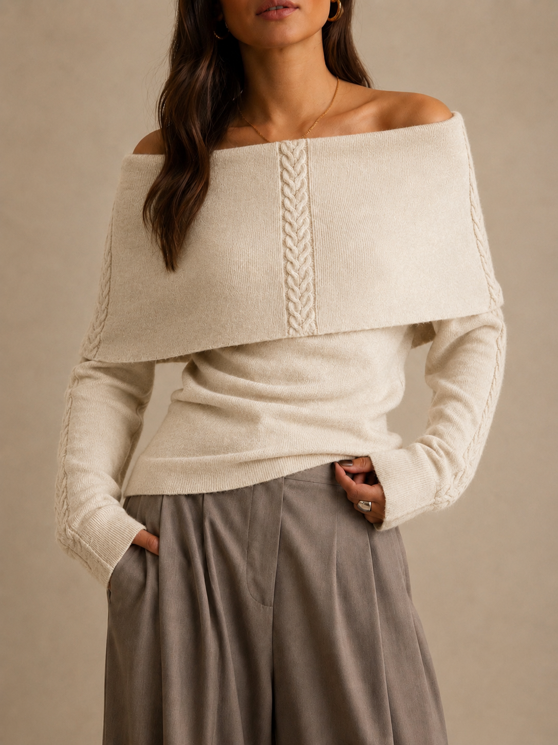 Boat Neck Sweater in beige, front