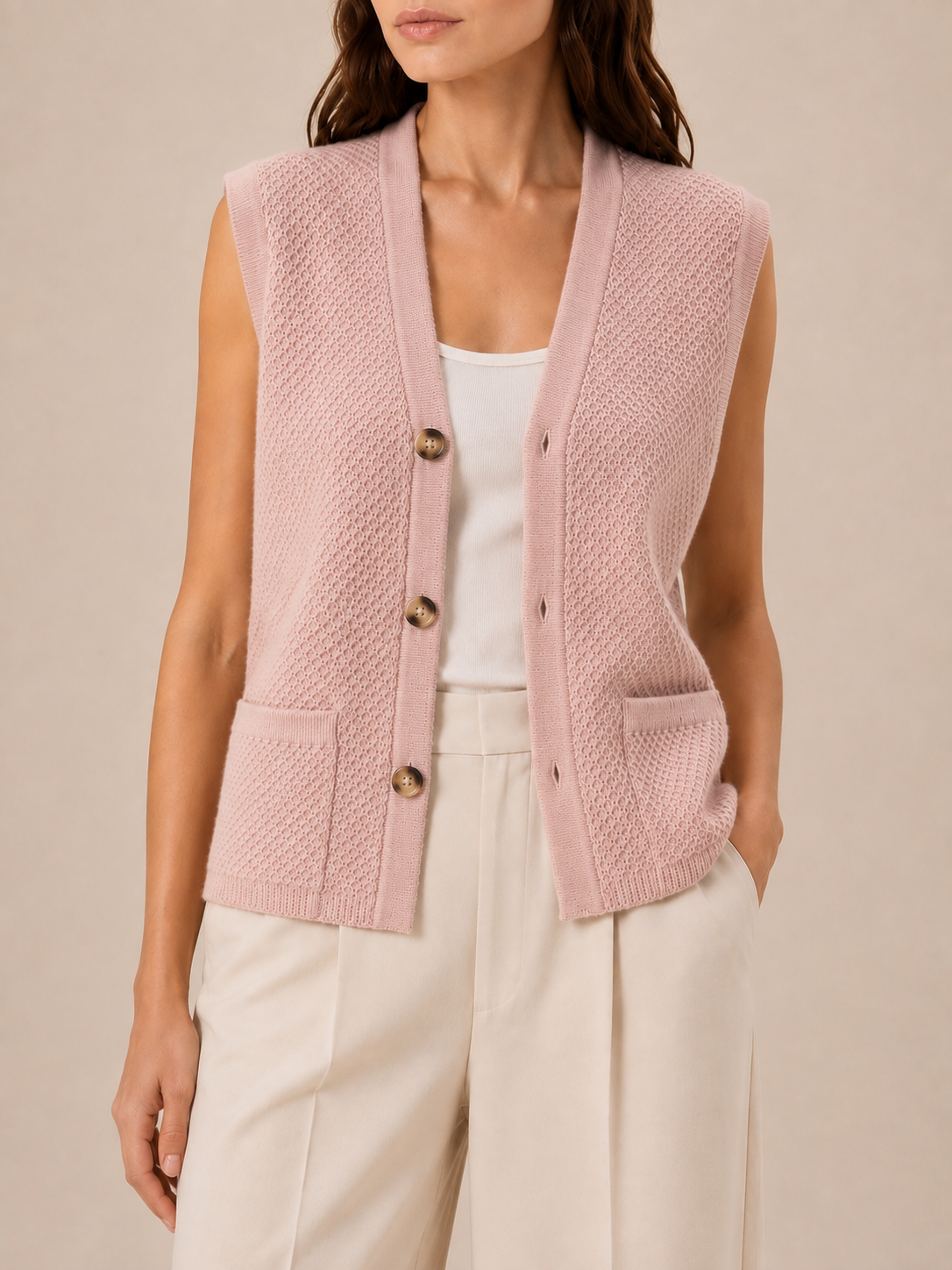 V-Neck Knit Vest in pink, front
