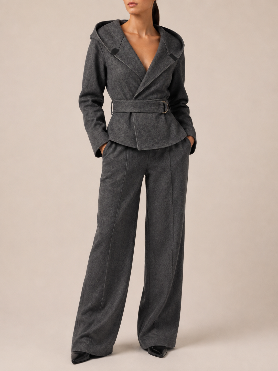 Belted Hooded Wrap Jacket in grey, front