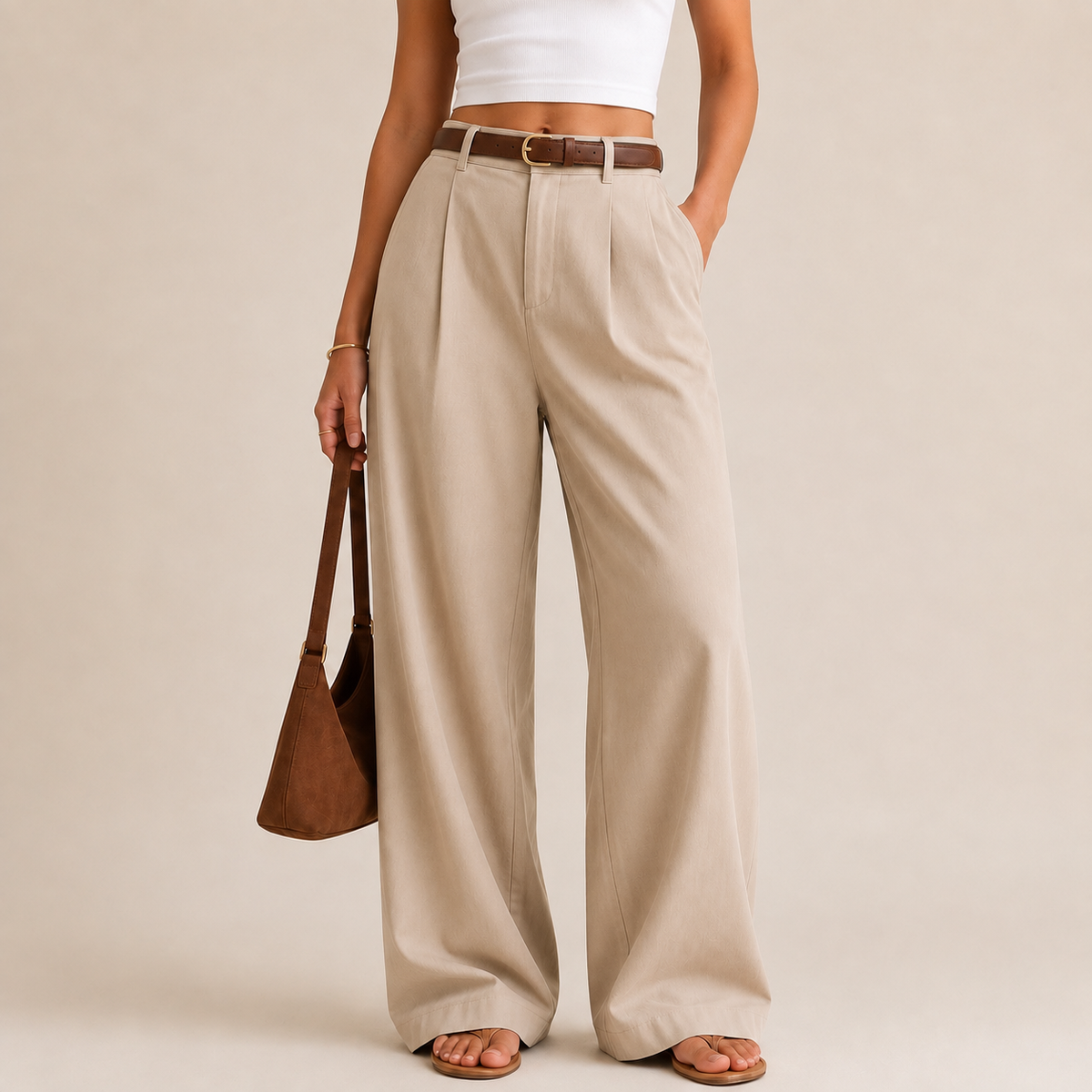 Wide Leg Trousers in beige, front
