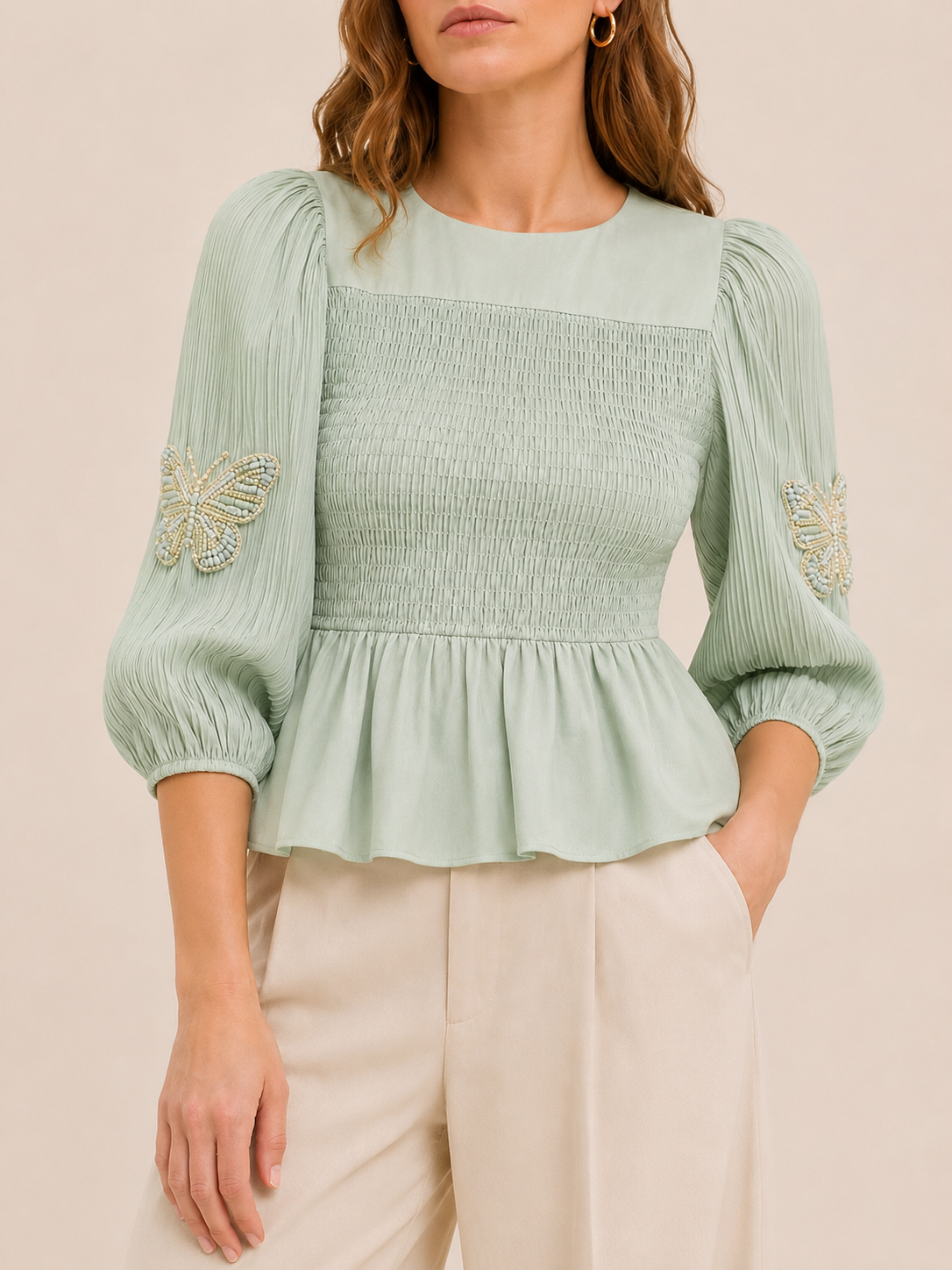 Shirred Blouse in mint green, front