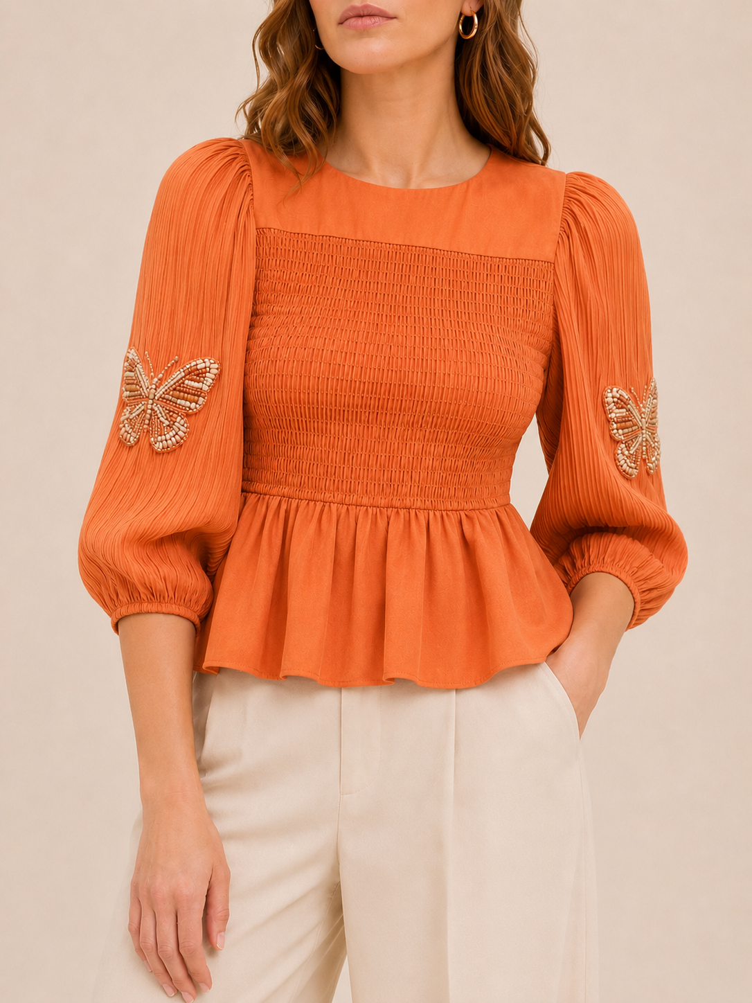 Shirred Blouse in orange, front