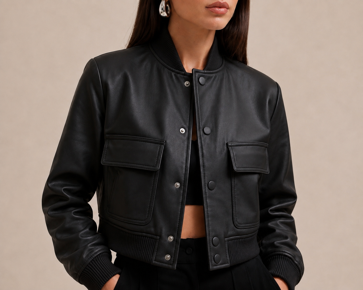 Cropped Varsity Jacket, Black
