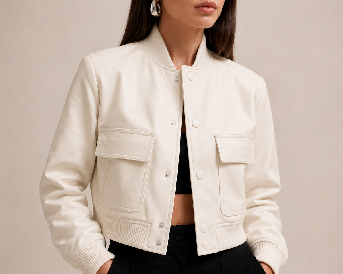 Cropped Varsity Jacket, White, Front View