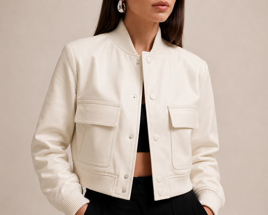 Cropped Varsity Jacket, White, Front View
