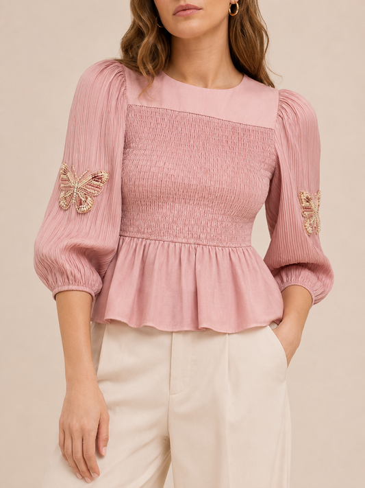 Shirred Blouse in pink, front