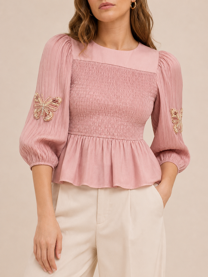 Shirred Blouse in pink, front