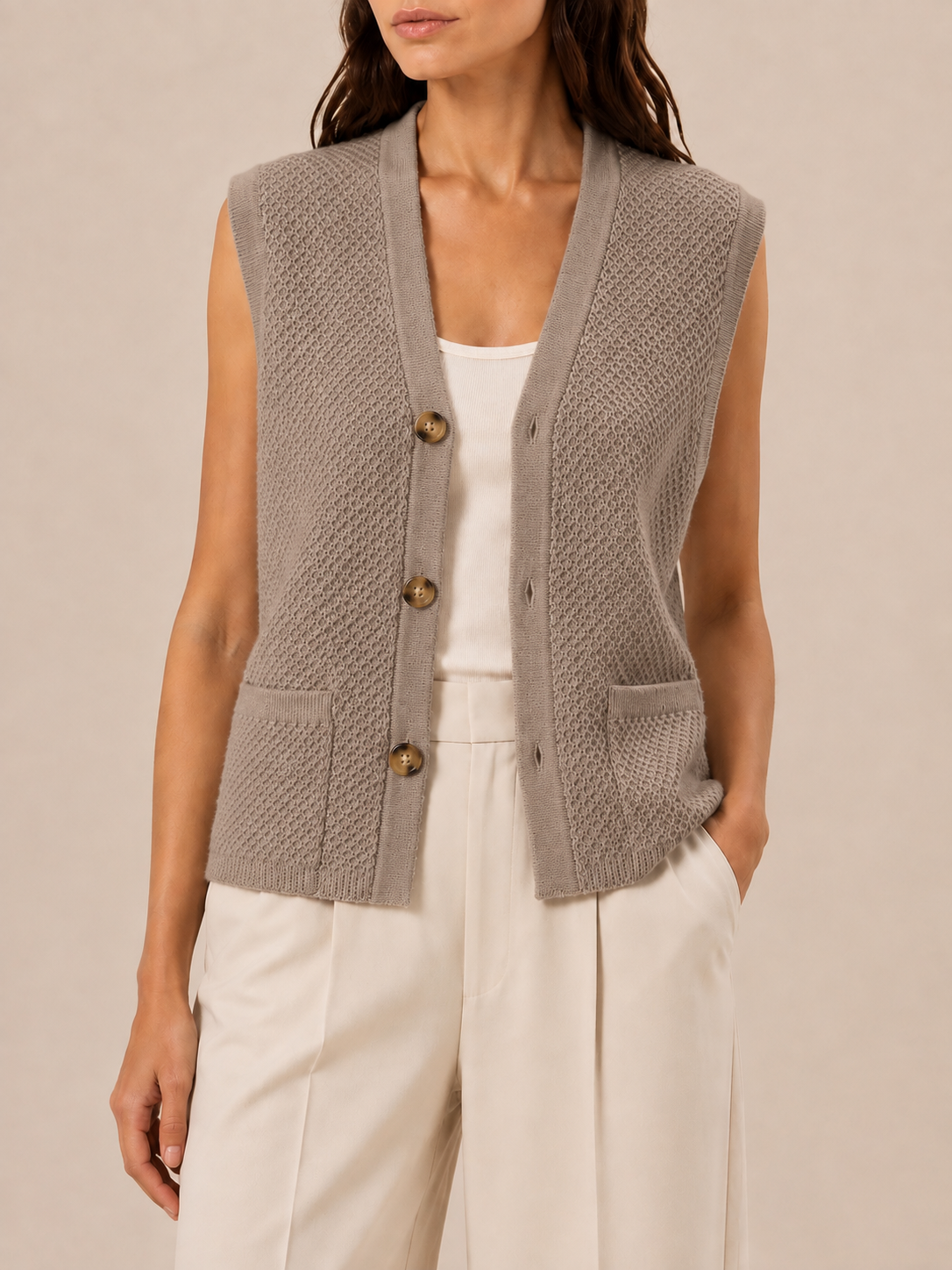 V-Neck Knit Vest in taupe, front