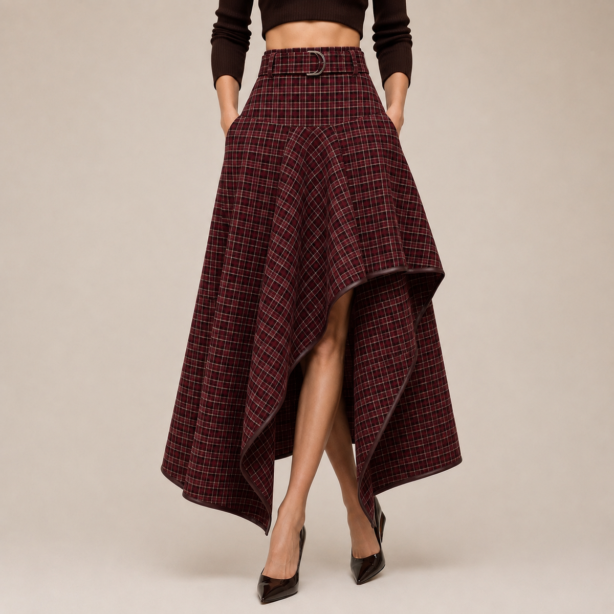Asymmetric Midi Skirt in burgundy, front