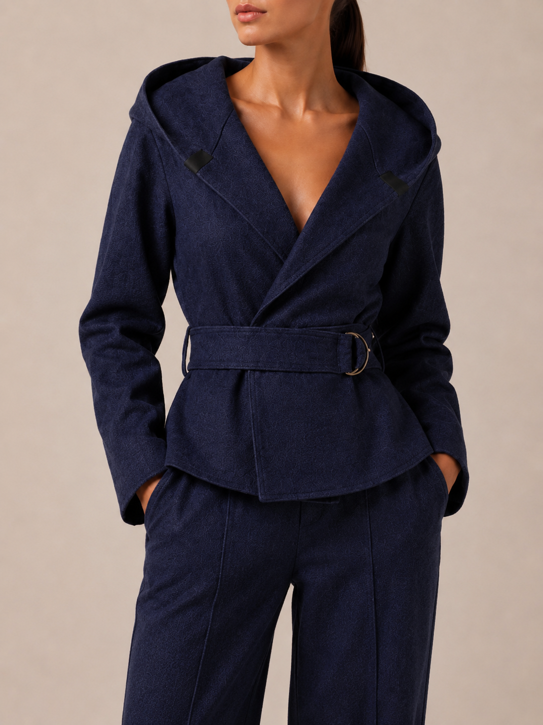 Belted Hooded Wrap Jacket in midnight blue, front